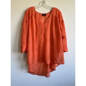 Cruel Denim Women's Orange V Neck Tunic Top Blouse 3/4 Sleeve Sheer Bright XXL